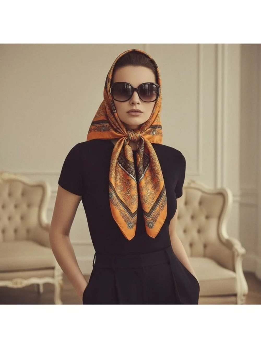 Luxury Square Satin Scarf With Ornate Floral Motif - Orange & Gold Border Design